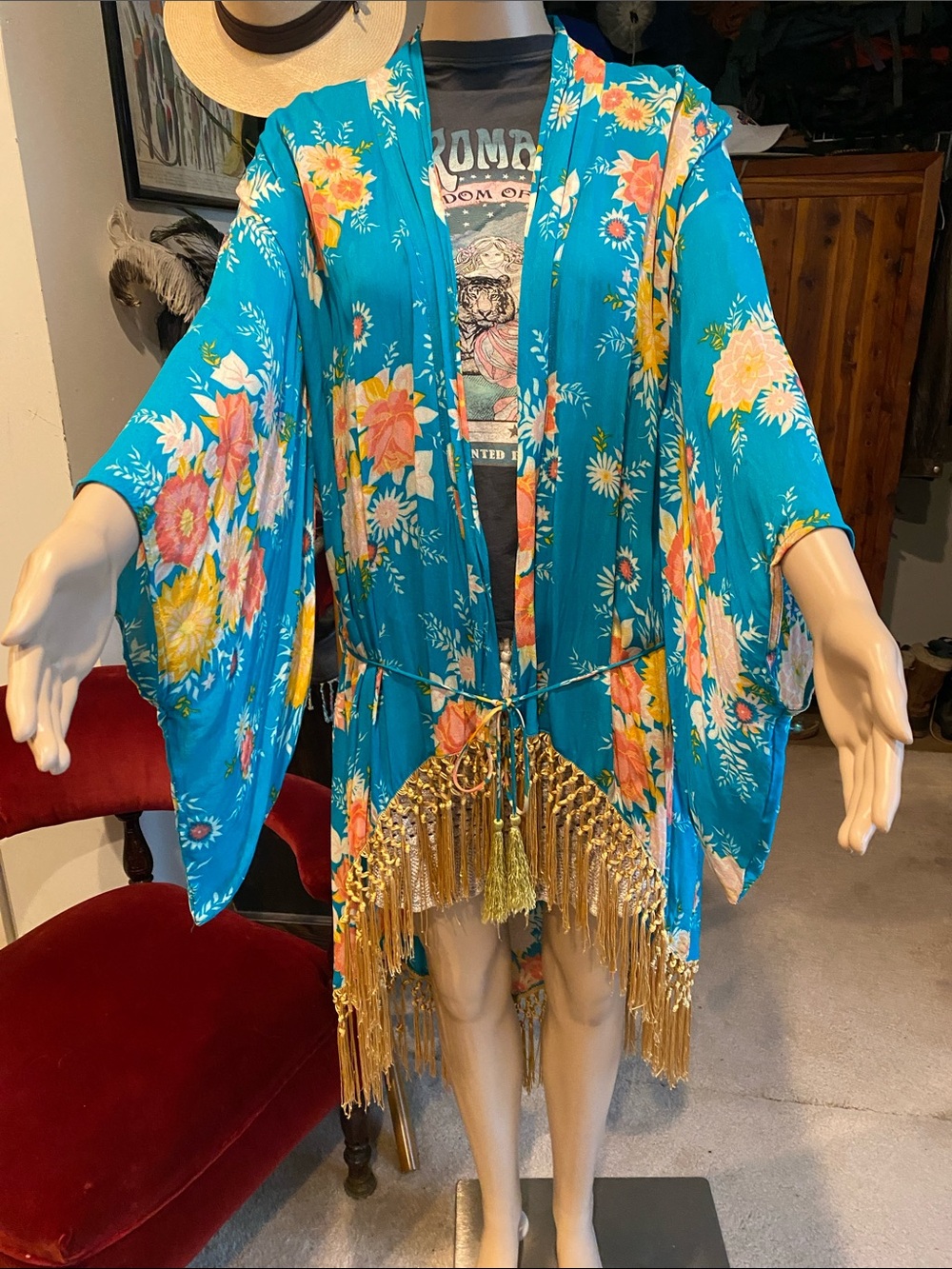 Spell Jagger Teal Floral Fringe Kimono